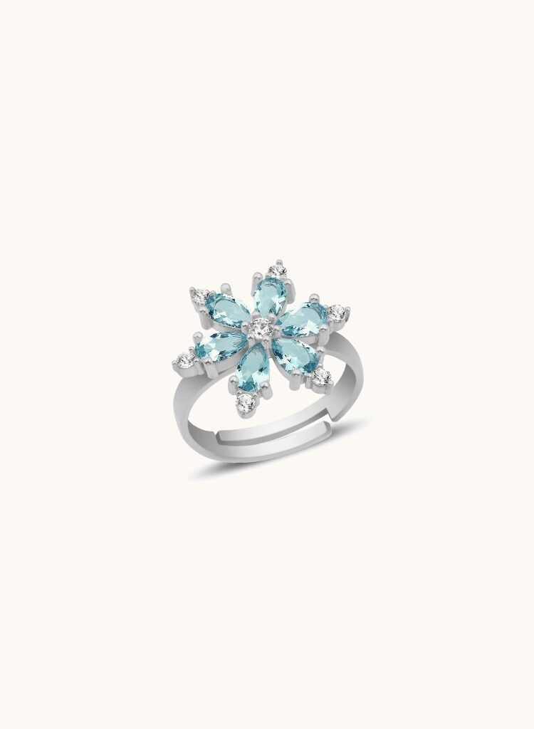 Anillo flor de lotto aguamarina con circonitas